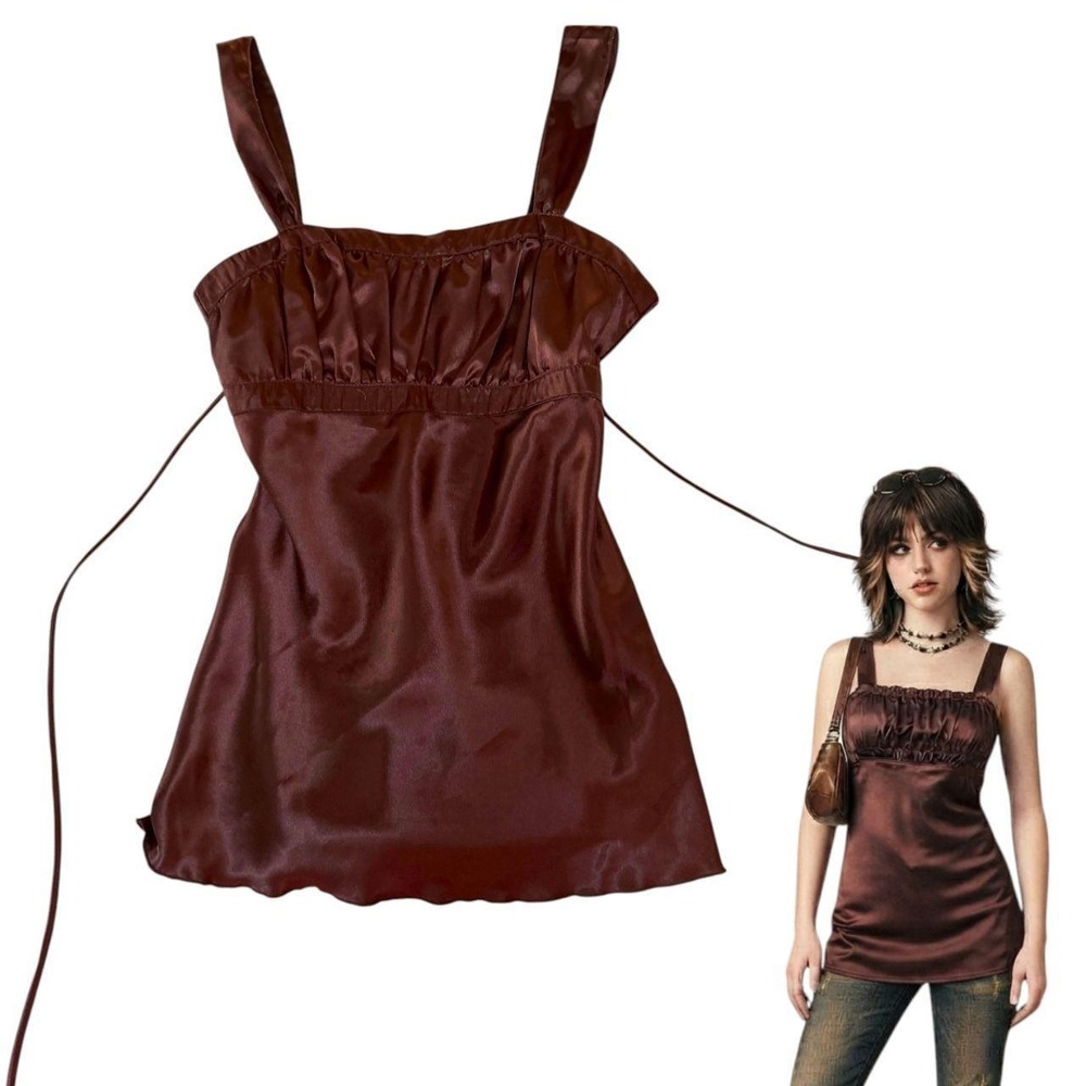 90'S VINTAGE BROWN BABY DOLL CHOCOLATE BROWN SELF ESTEEM CAMI S/M - Picture 2 of 4
